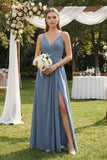 V-Neck A-Line Pleated Chiffon Bridesmaid Dress in Neptune