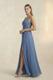 V-Neck A-Line Pleated Chiffon Bridesmaid Dress in Neptune
