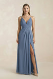 V-Neck A-Line Pleated Chiffon Bridesmaid Dress in Neptune
