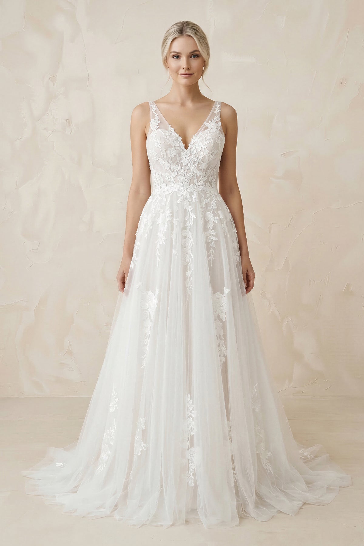 A-Line V Back Long White Wedding Dress with Lace Appliqued