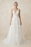 A-Line V Back Long White Wedding Dress with Lace Appliqued