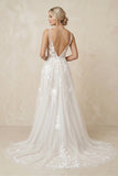 A-Line V Back Long White Wedding Dress with Lace Appliqued