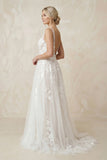 A-Line V Back Long White Wedding Dress with Lace Appliqued