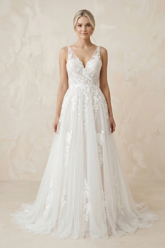 A-Line V Back Long White Wedding Dress with Lace Appliqued