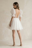 V-Neck A-Line Tulle Mini Wedding Dress With Pearl in Ivory