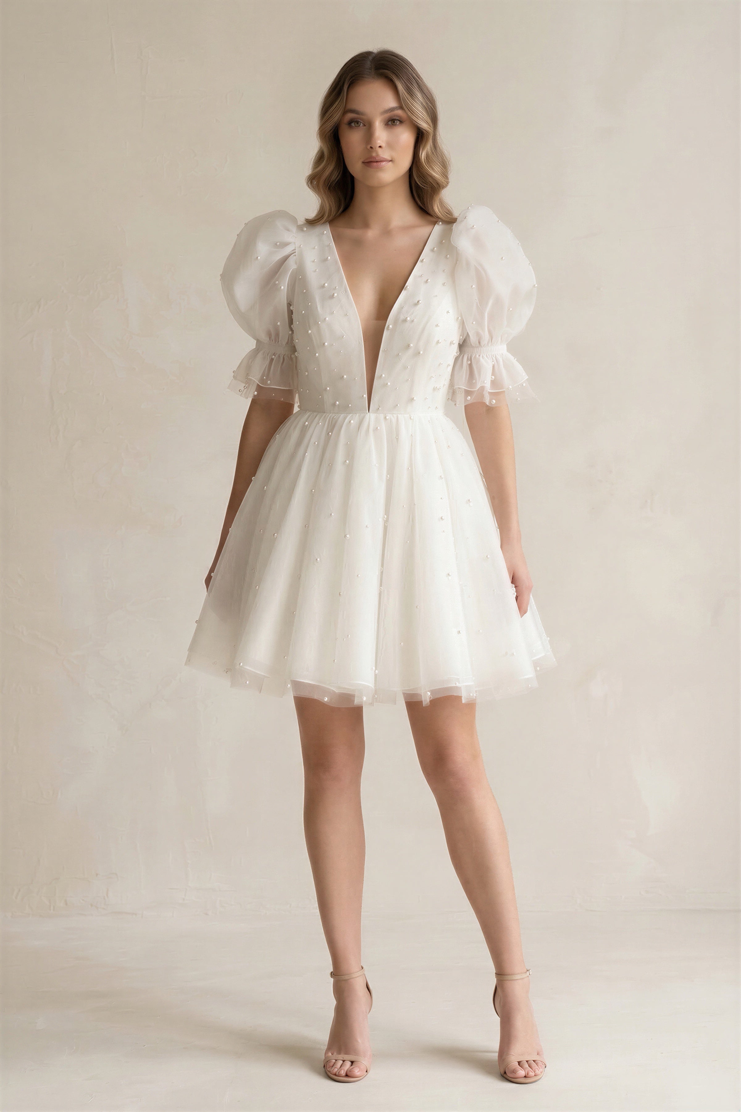 V-Neck A-Line Tulle Mini Wedding Dress With Pearl in Ivory