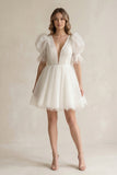 V-Neck A-Line Tulle Mini Wedding Dress With Pearl in Ivory