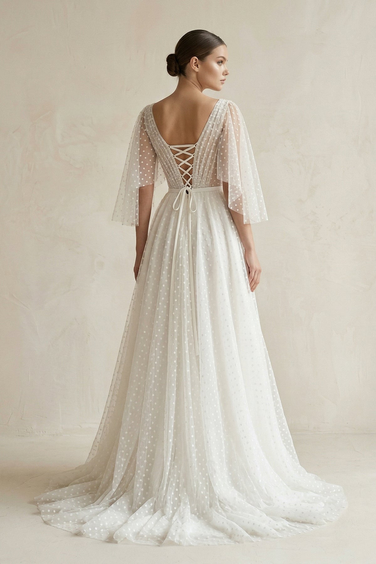 V Neck A-Line Tulle Ruched Wedding Dress With Polka Dot in White