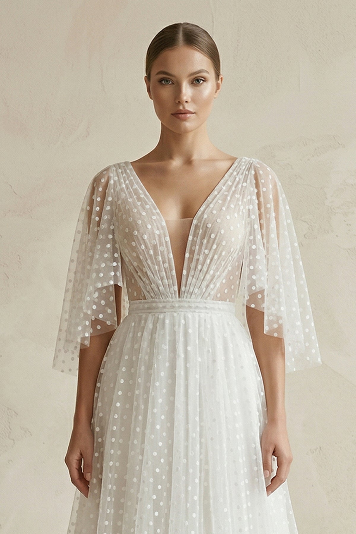 V Neck A-Line Tulle Ruched Wedding Dress With Polka Dot in White