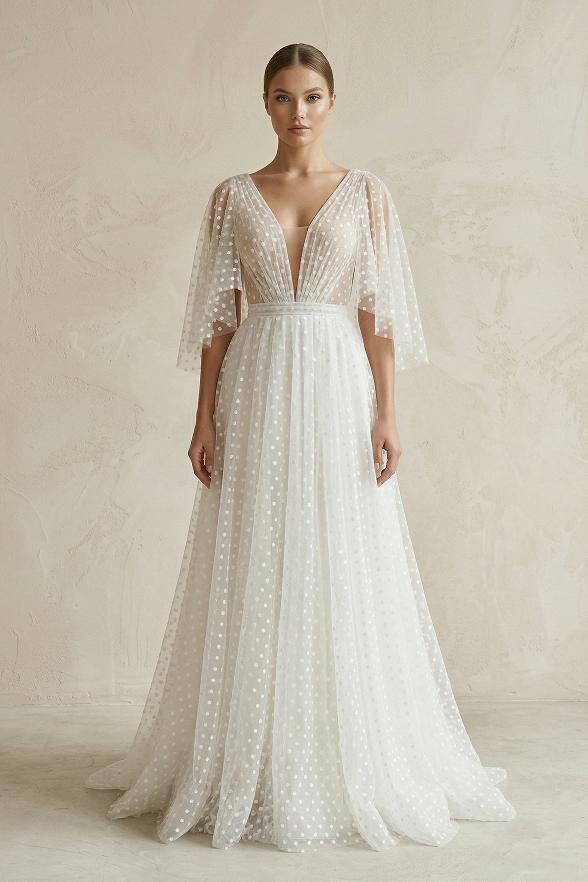V Neck A-Line Tulle Ruched Wedding Dress With Polka Dot in White