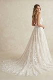 Ivory V-Neck A-Line Tulle Wedding Dress with Pockets
