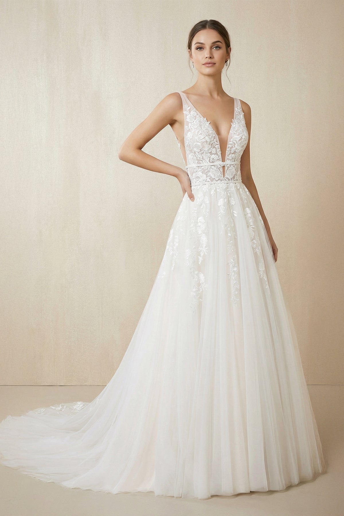 Appliques V-Neck A Line Tulle Wedding Dress in White