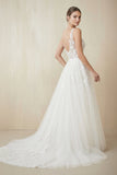 Appliques V-Neck A Line Tulle Wedding Dress in White