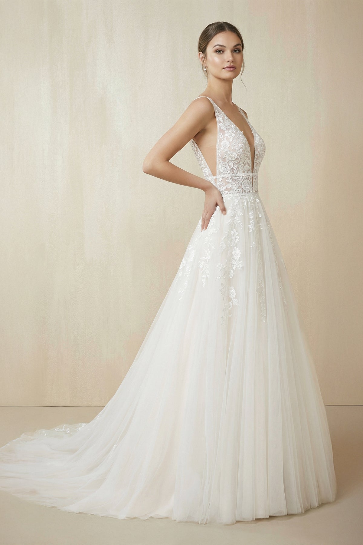 Appliques V-Neck A Line Tulle Wedding Dress in White