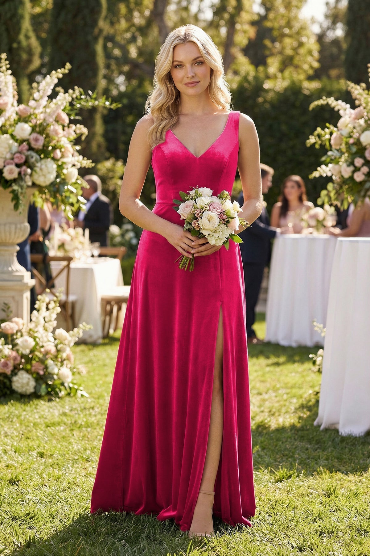V-Neck A-Line Velvet Bridesmaid Dress in Fuchsia