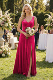 V-Neck A-Line Velvet Bridesmaid Dress in Fuchsia