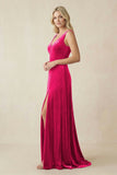 V-Neck A-Line Velvet Bridesmaid Dress in Fuchsia