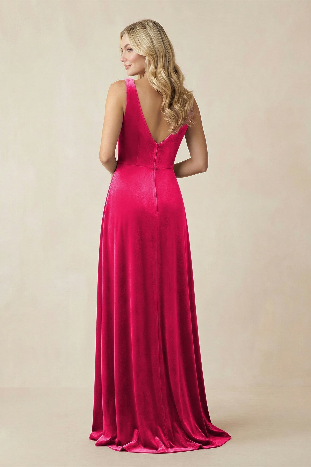 V-Neck A-Line Velvet Bridesmaid Dress in Fuchsia