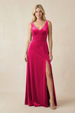 V-Neck A-Line Velvet Bridesmaid Dress in Fuchsia