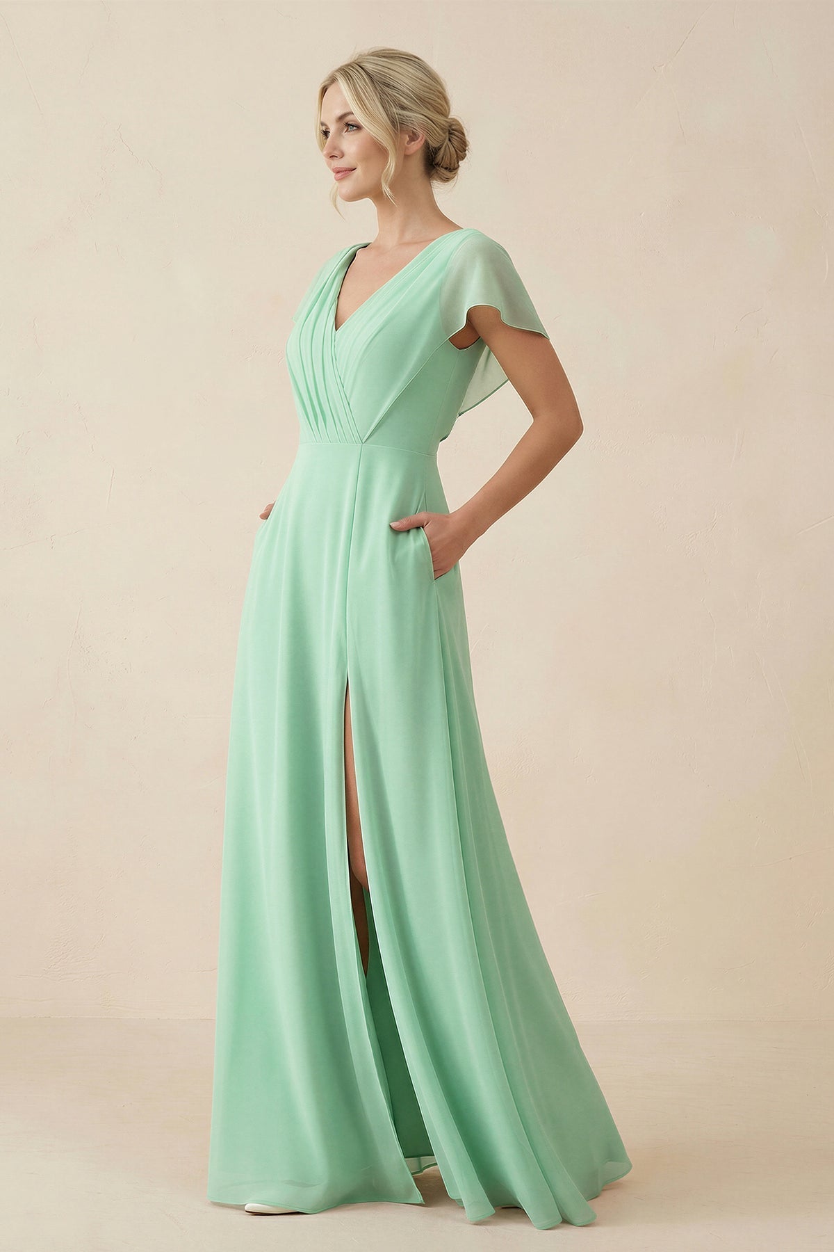 V-Neck Cap Sleeve Chiffon Bridesmaid Dress with Cut-out Back in Pale Pistachio