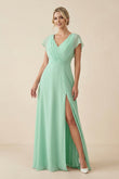 V-Neck Cap Sleeve Chiffon Bridesmaid Dress with Cut-out Back in Pale Pistachio