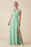 V-Neck Cap Sleeve Chiffon Bridesmaid Dress with Cut-out Back in Pale Pistachio