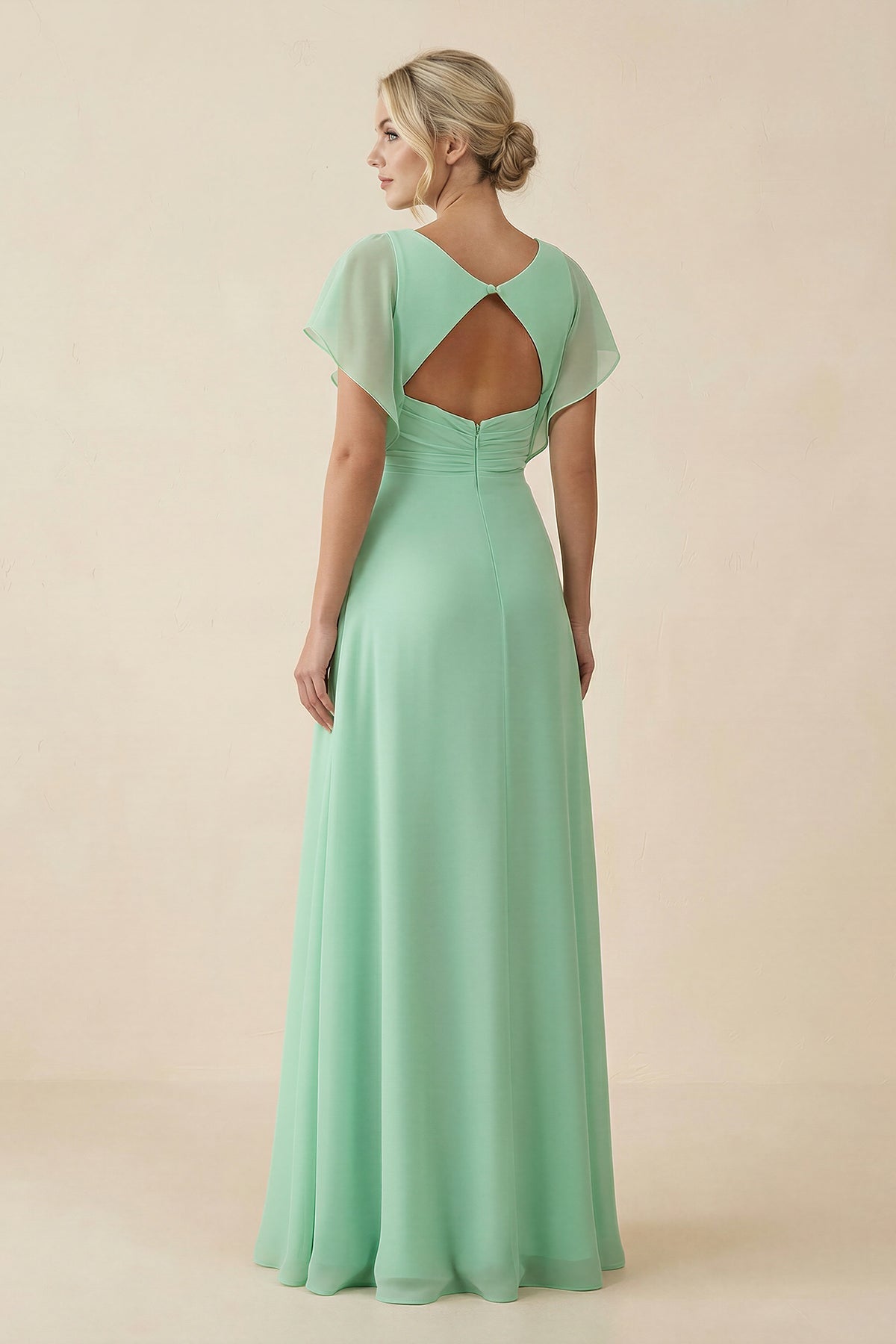 V-Neck Cap Sleeve Chiffon Bridesmaid Dress with Cut-out Back in Pale Pistachio