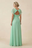 V-Neck Cap Sleeve Chiffon Bridesmaid Dress with Cut-out Back in Pale Pistachio
