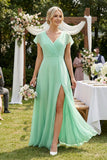 V-Neck Cap Sleeve Chiffon Bridesmaid Dress with Cut-out Back in Pale Pistachio