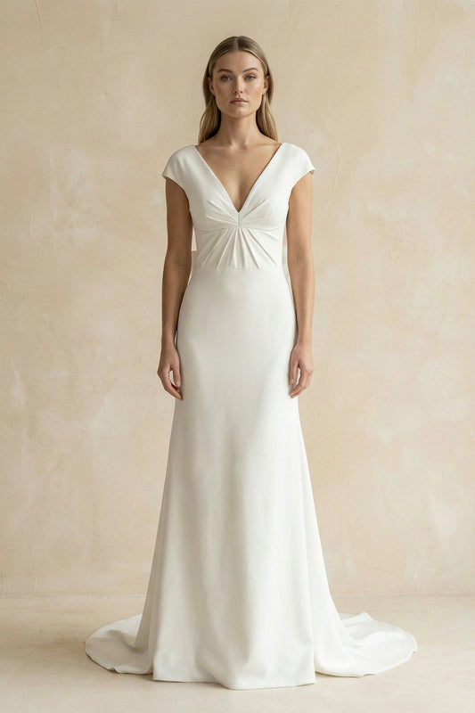 V-Neck Cap Sleeve Mermaid Ruched Satin Wedding Dress in White