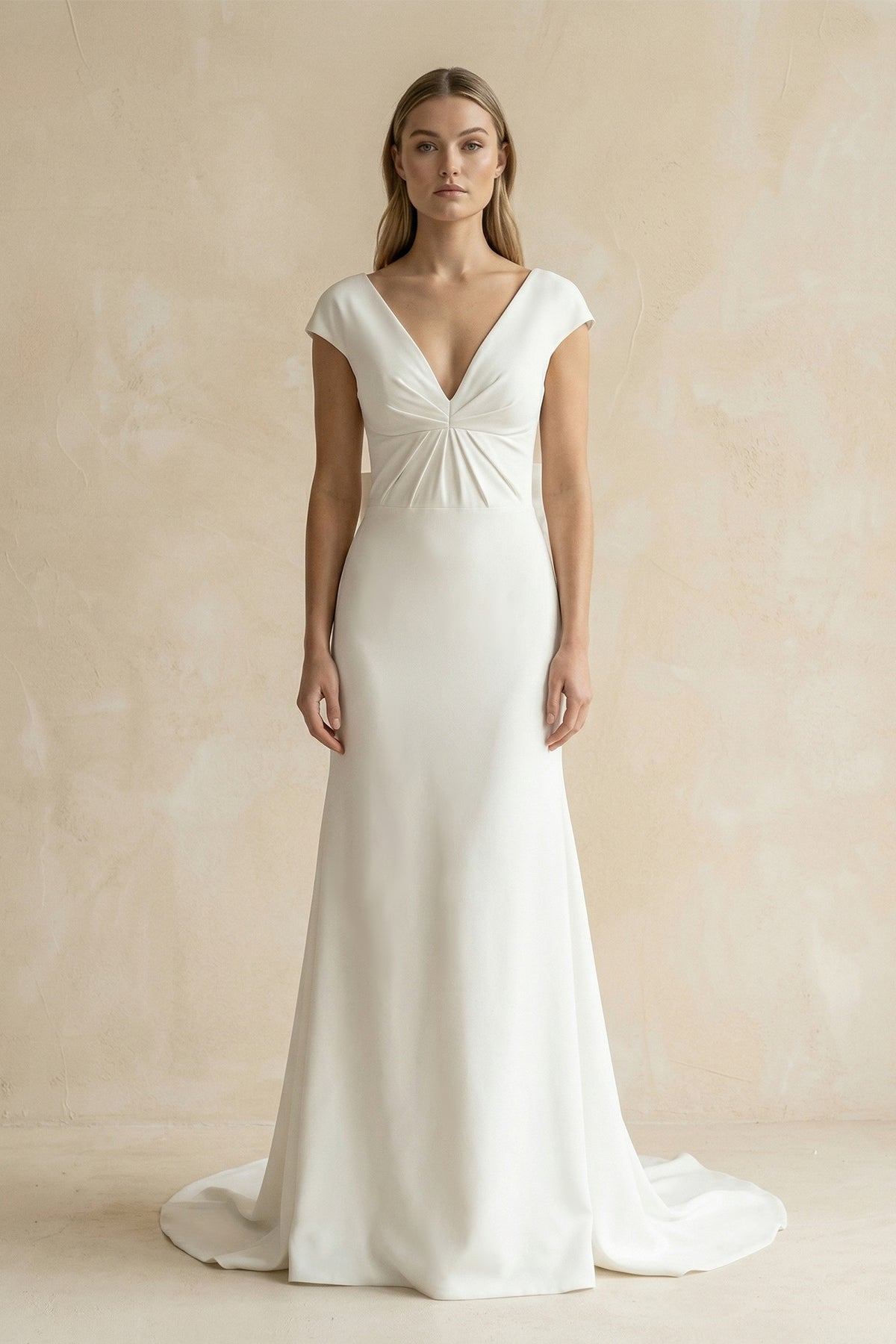 V-Neck Cap Sleeve Mermaid Ruched Satin Wedding Dress in White