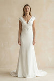 V-Neck Cap Sleeve Mermaid Ruched Satin Wedding Dress in White