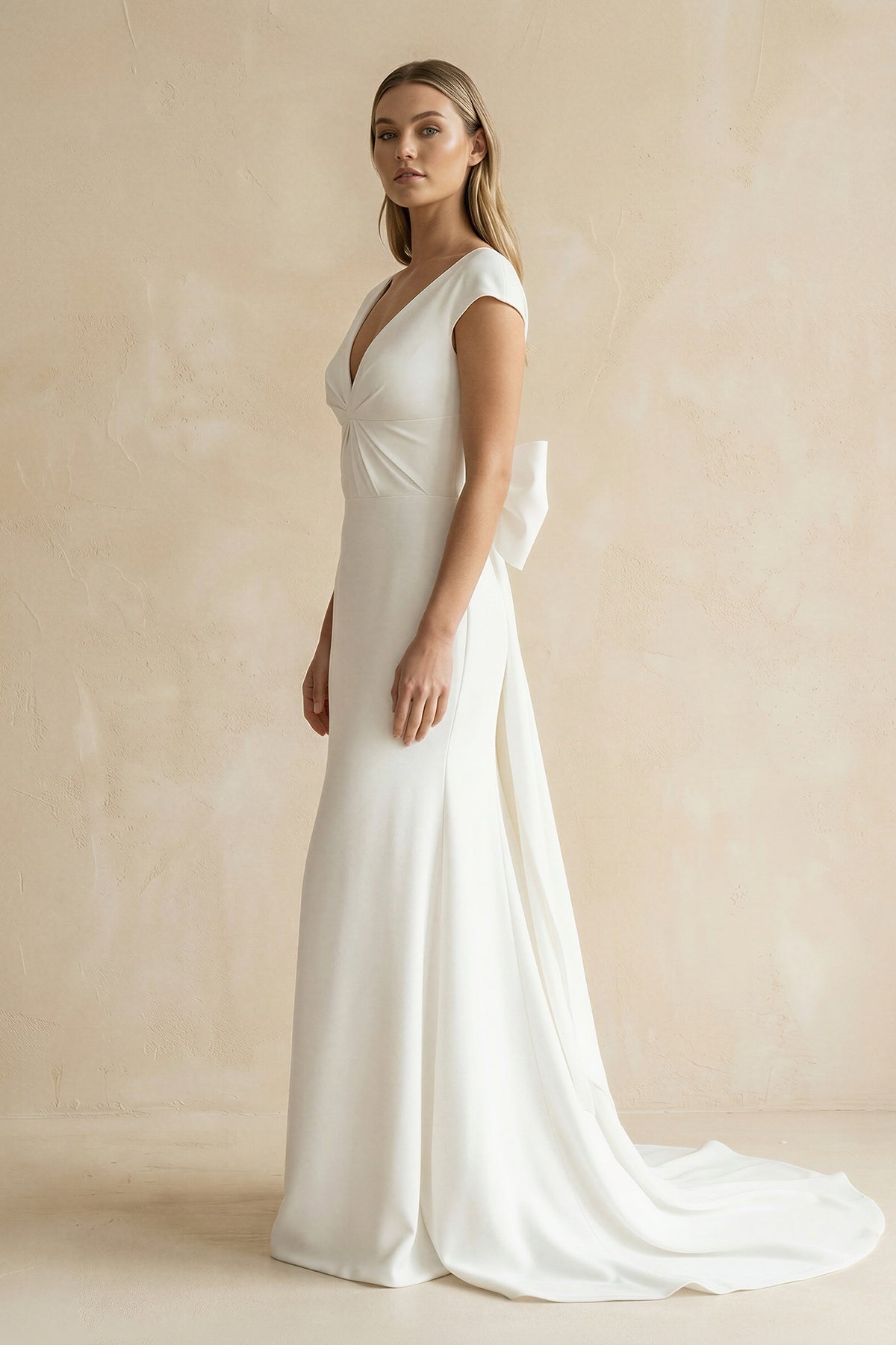 V-Neck Cap Sleeve Mermaid Ruched Satin Wedding Dress in White