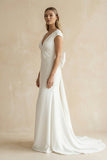 V-Neck Cap Sleeve Mermaid Ruched Satin Wedding Dress in White