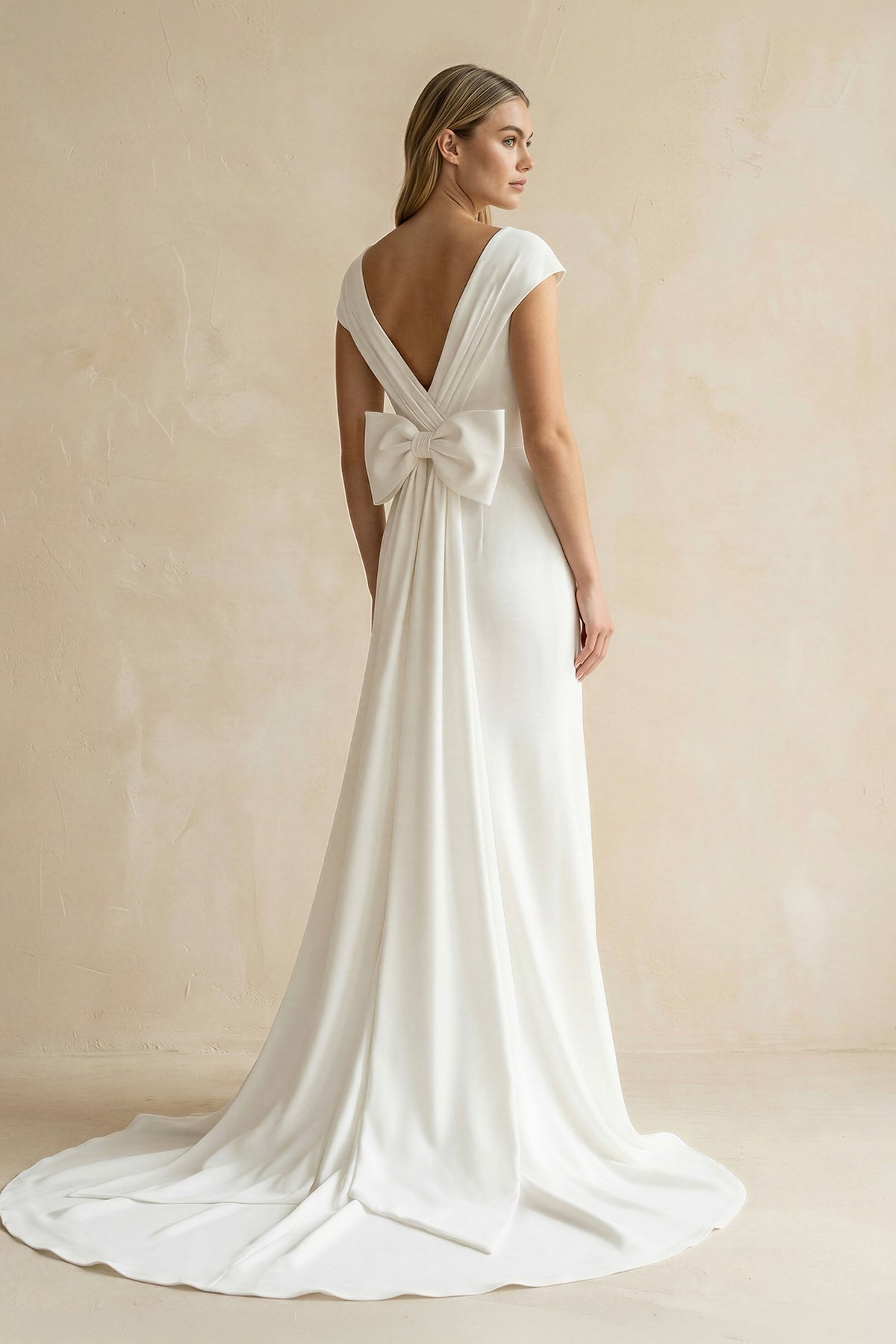 V-Neck Cap Sleeve Mermaid Ruched Satin Wedding Dress in White