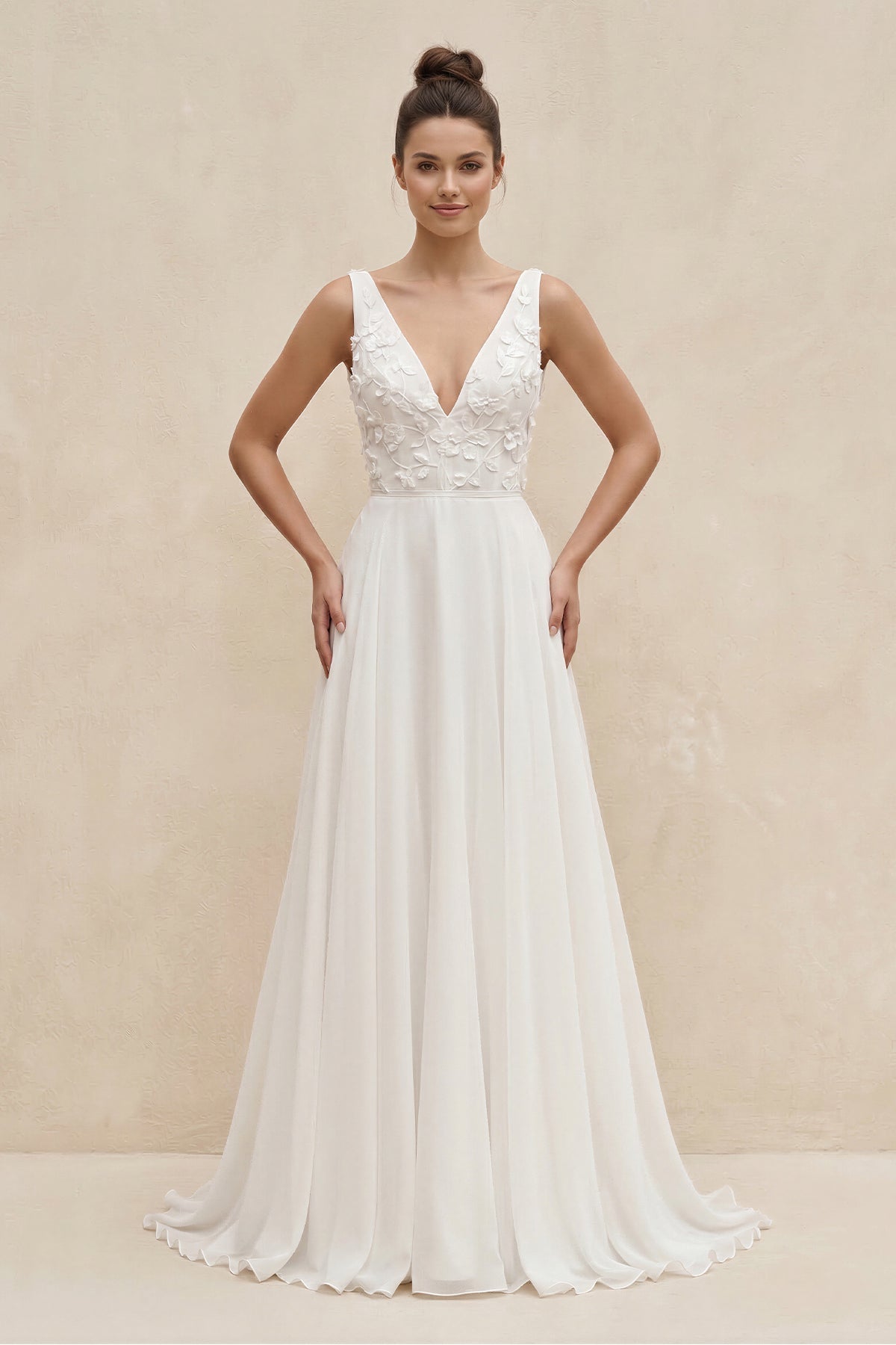 V-Neck Chiffon A-Line Appliqued Wedding Dress in White