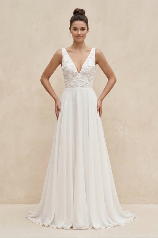V-Neck Chiffon A-Line Appliqued Wedding Dress in White