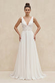 V-Neck Chiffon A-Line Appliqued Wedding Dress in White