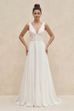 V-Neck Chiffon A-Line Appliqued Wedding Dress in White
