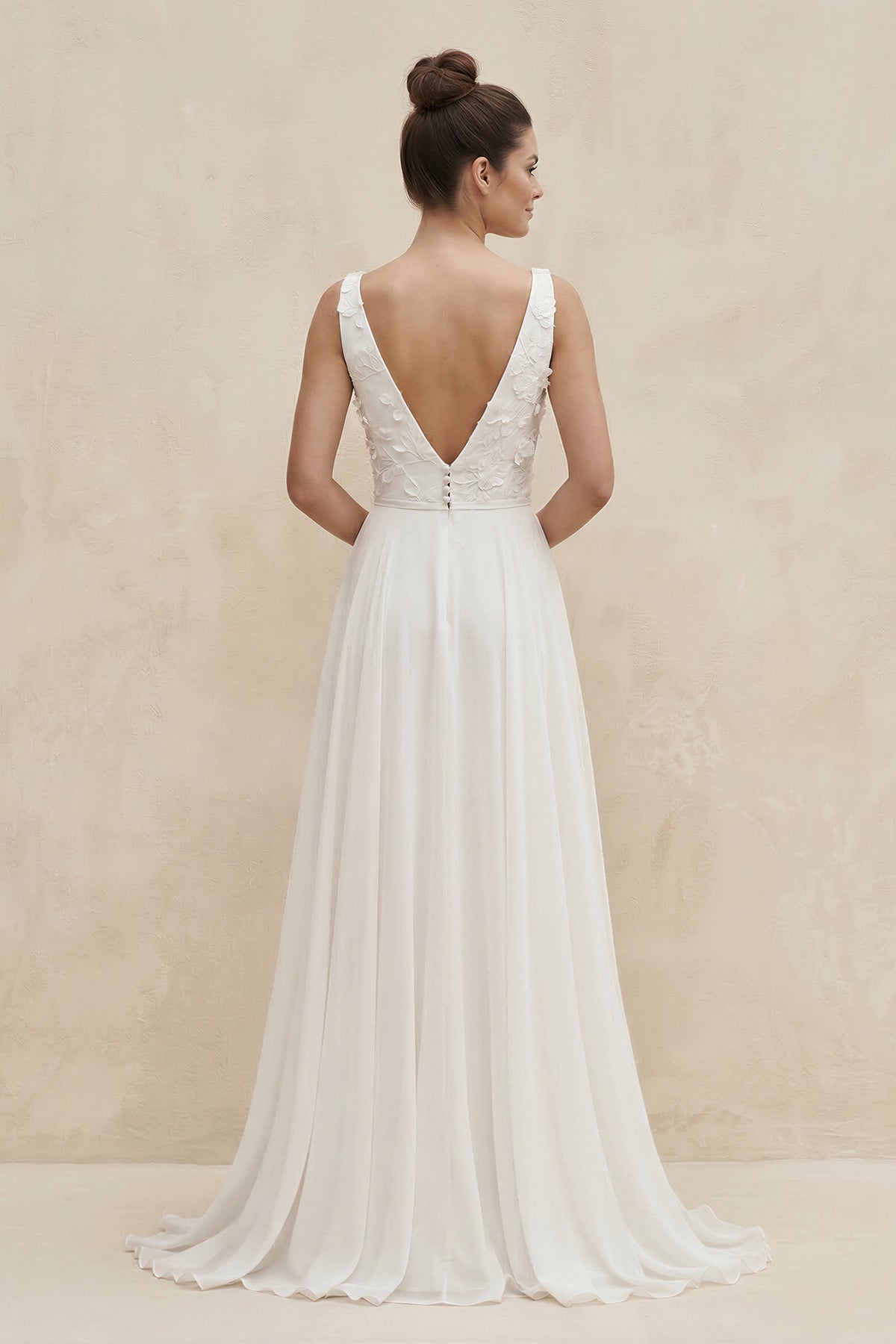 V-Neck Chiffon A-Line Appliqued Wedding Dress in White