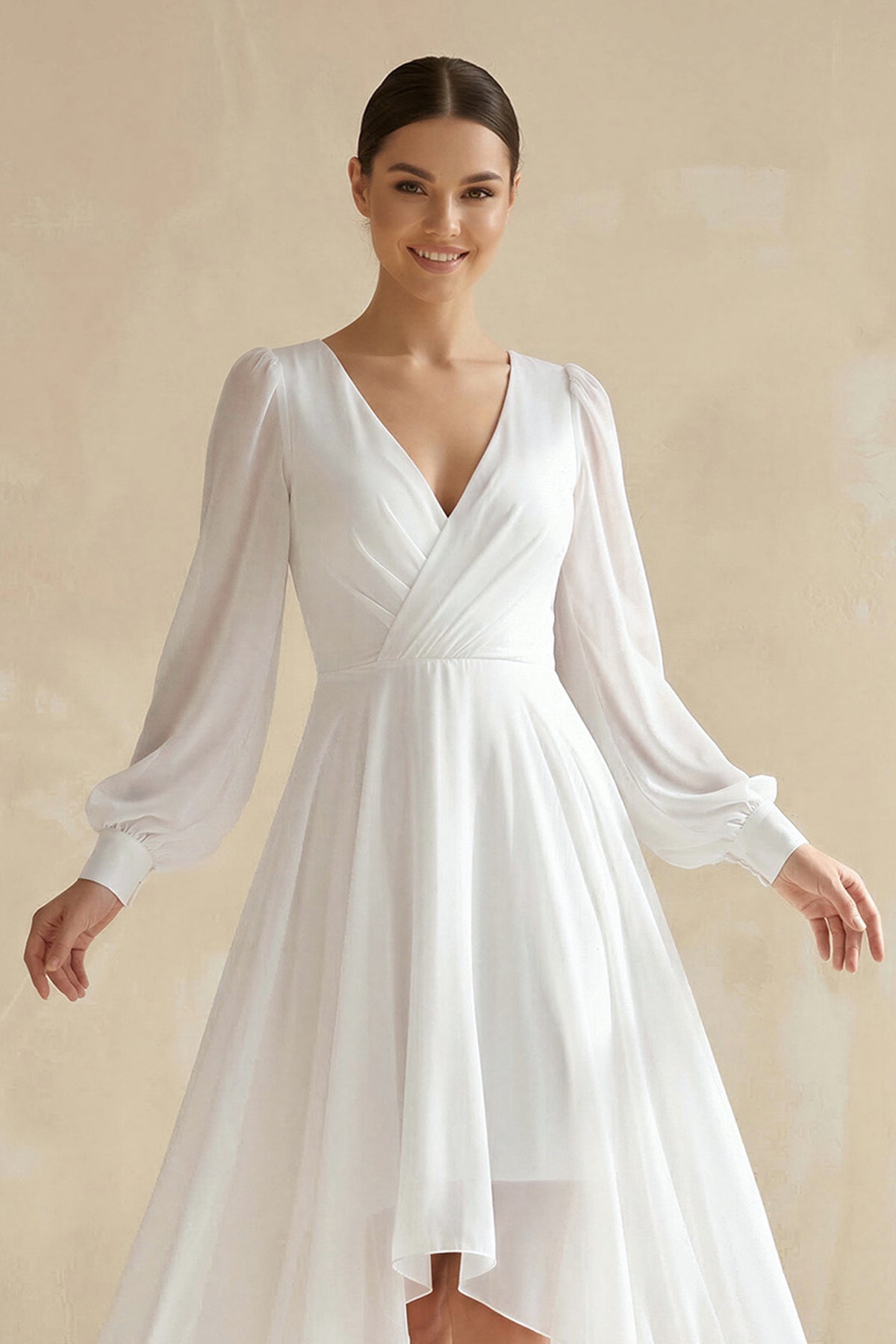 A-Line V-Neck Long Sleeves Elegant Casual Asymmetrical Chiffon Wedding Dress with Zipper Back