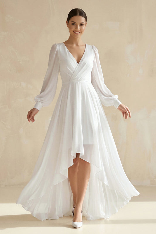 A-Line V-Neck Long Sleeves Elegant Casual Asymmetrical Chiffon Wedding Dress with Zipper Back