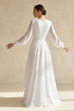 A-Line V-Neck Long Sleeves Elegant Casual Asymmetrical Chiffon Wedding Dress with Zipper Back