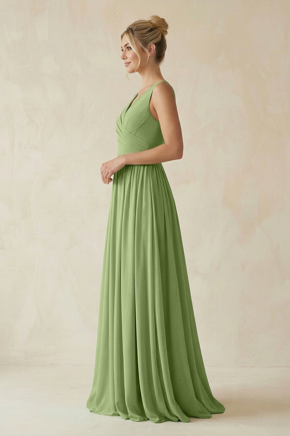 V-Neck Chiffon A-Line Long Bridesmaid Dress in Matcha – kingbridals