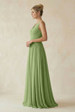 V-Neck Chiffon A-Line Long Bridesmaid Dress in Matcha