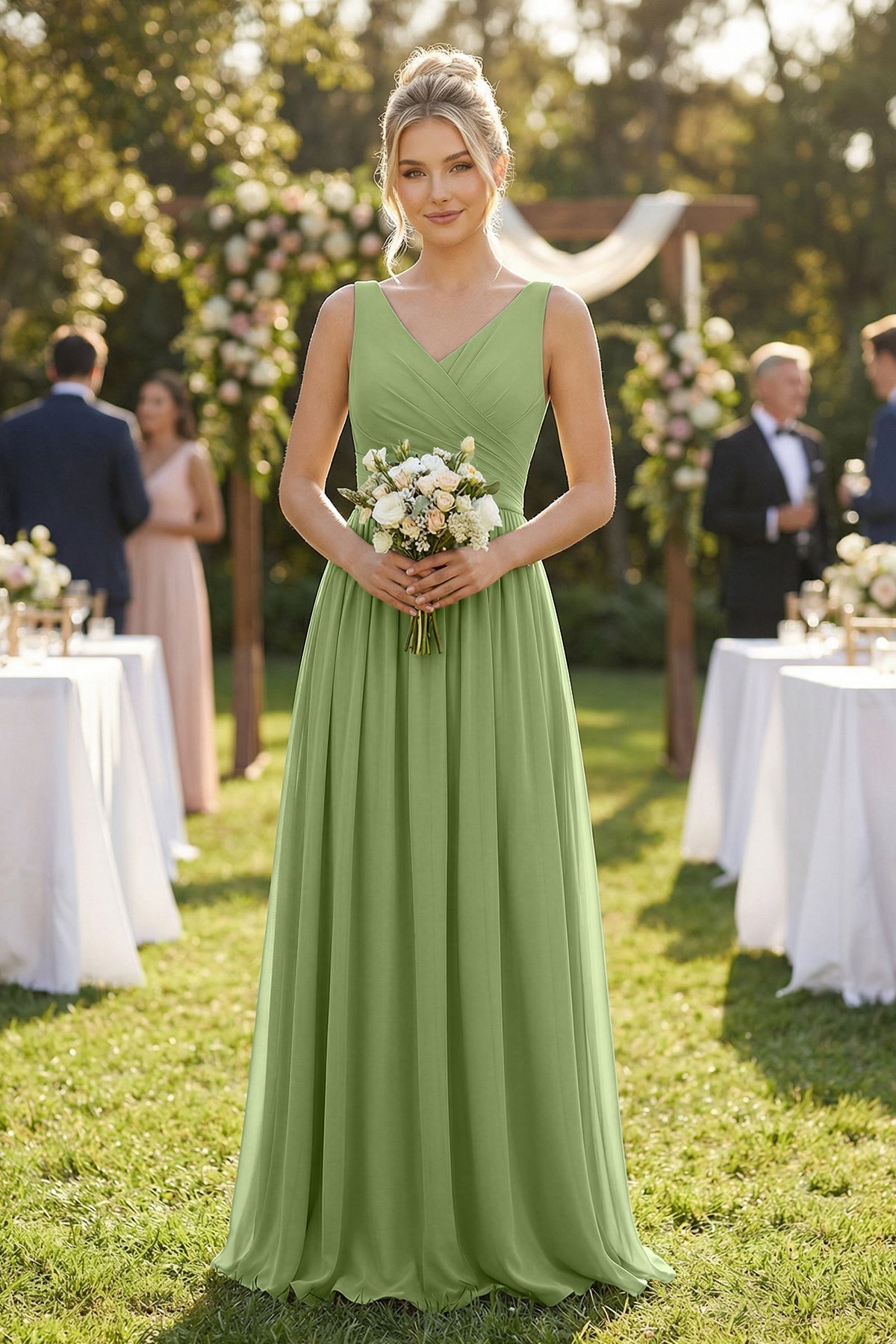 V-Neck Chiffon A-Line Long Bridesmaid Dress in Matcha