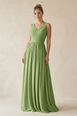 V-Neck Chiffon A-Line Long Bridesmaid Dress in Matcha