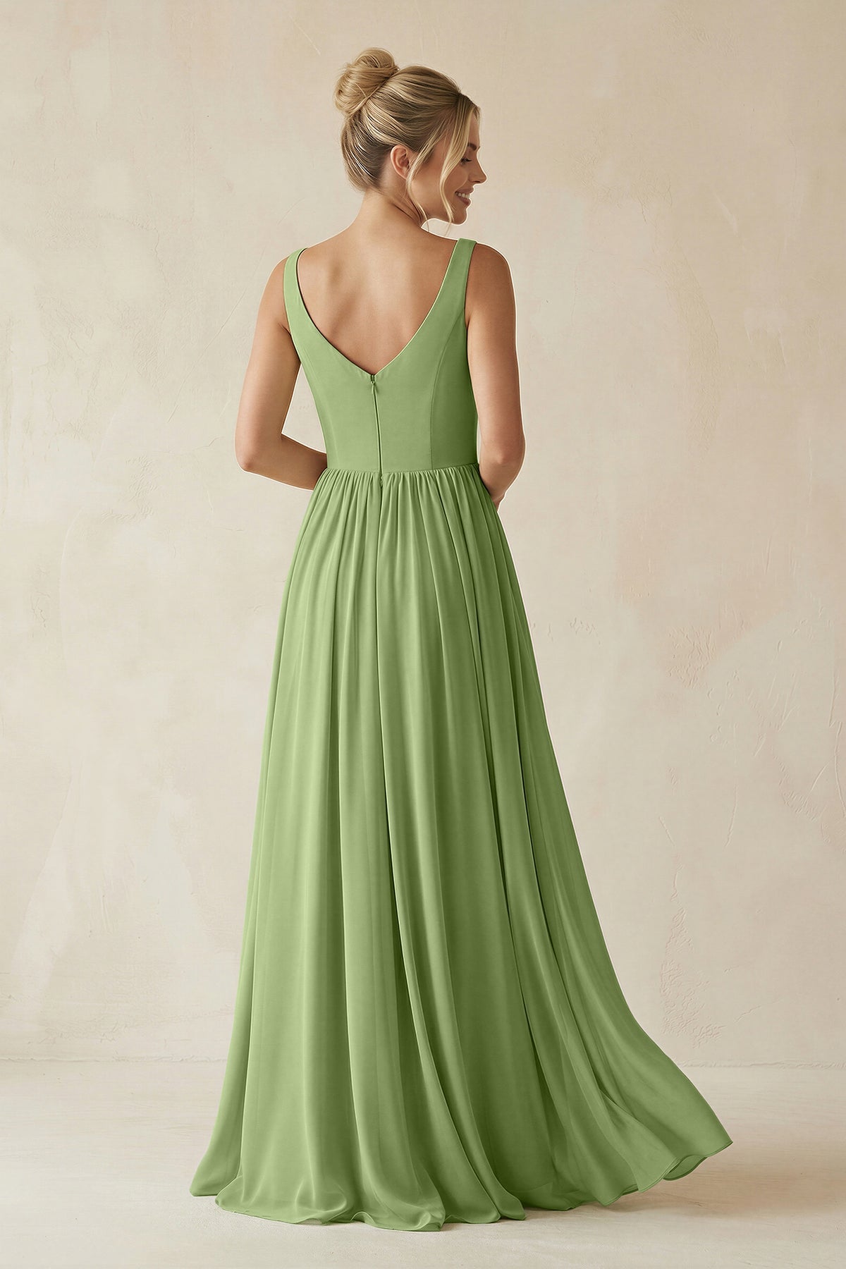 V-Neck Chiffon A-Line Long Bridesmaid Dress in Matcha