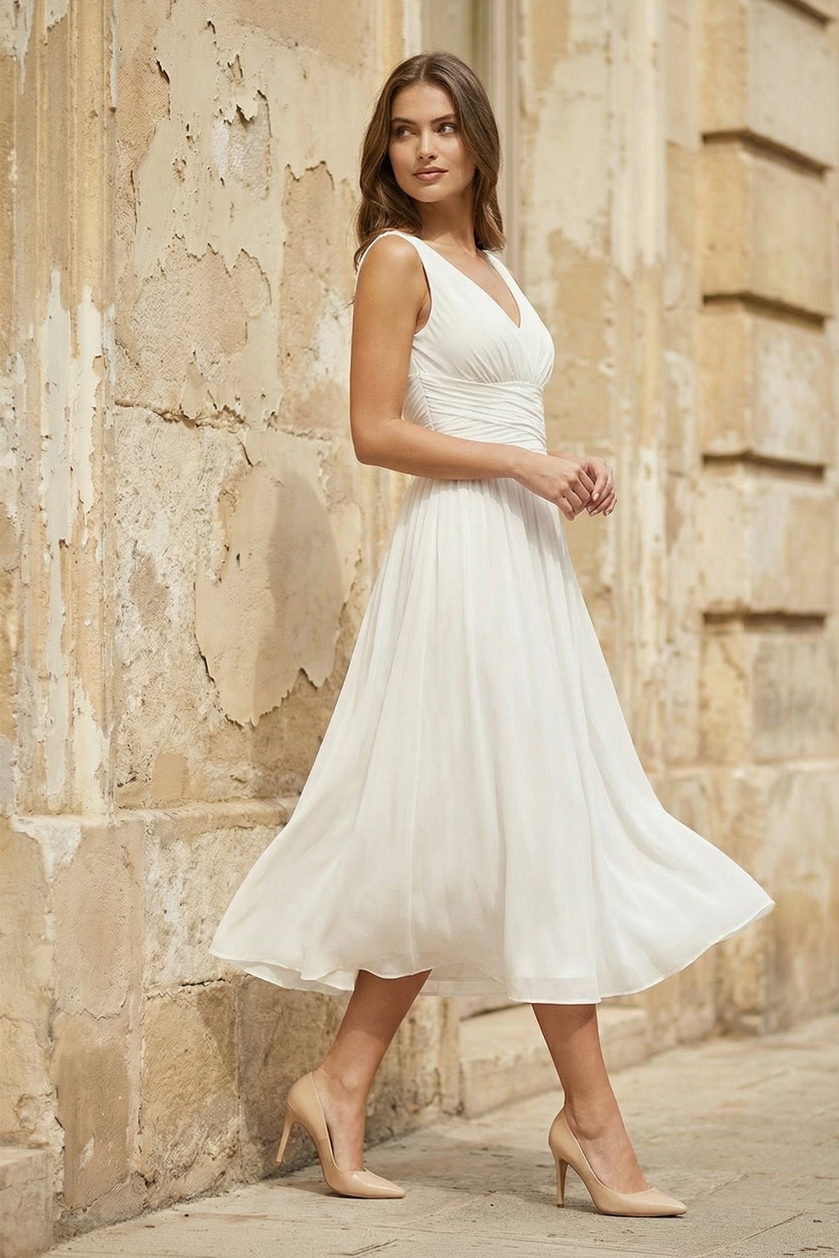 V-Neck Sleeveless Tea-Length Chiffon Wedding Dress With Ruching And Low-V Back