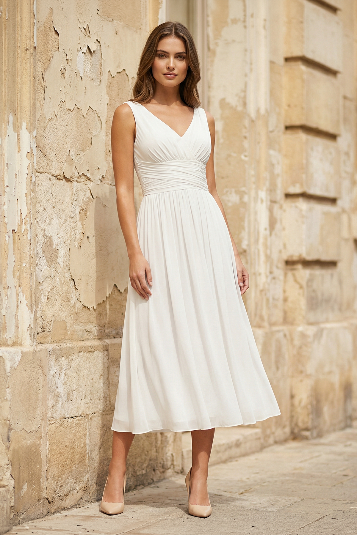 V-Neck Sleeveless Tea-Length Chiffon Wedding Dress With Ruching And Low-V Back